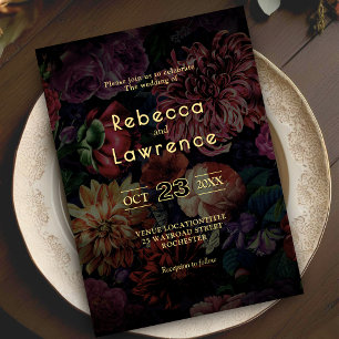 Elegant moody vintage flowers wedding invitation