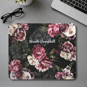 Elegant Moody White Rose Floral Monogram Desktop Mouse Mat
