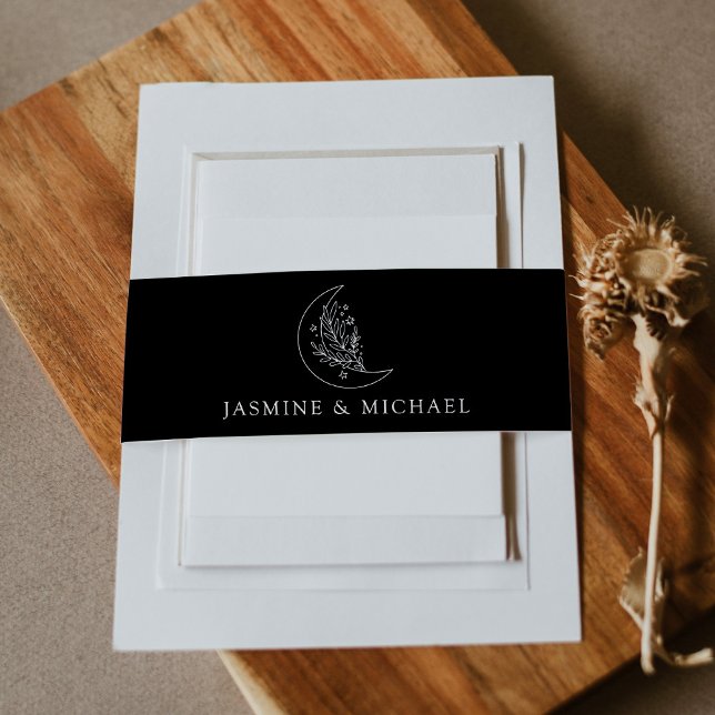 Elegant Moon and Stars Black and White Wedding Invitation Belly Band (Creator Uploaded)