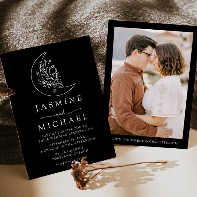 Elegant Moon and Stars Black Photo Wedding Invitation (Creator Uploaded)