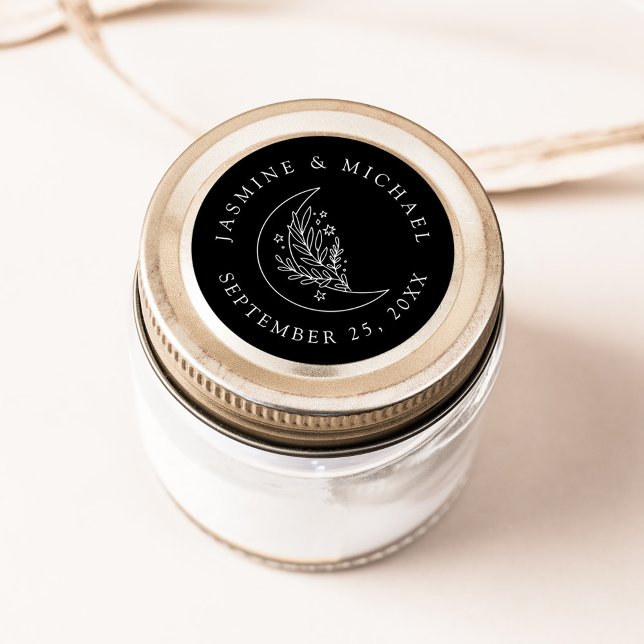 Elegant Moon and Stars Black Wedding Favour Classic Round Sticker (Creator Uploaded)