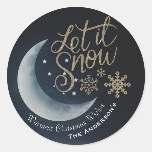 Elegant Moon and Stars Let it Snow Christmas Wish Classic Round Sticker (Front)