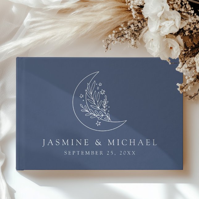 Elegant Moon and Stars Navy and Silver Wedding Guest Book (Creator Uploaded)