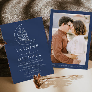 Elegant Moon and Stars Navy Photo Wedding Invitation
