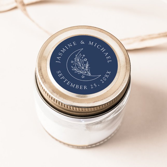 Elegant Moon and Stars Navy Wedding Favour Classic Round Sticker (Creator Uploaded)