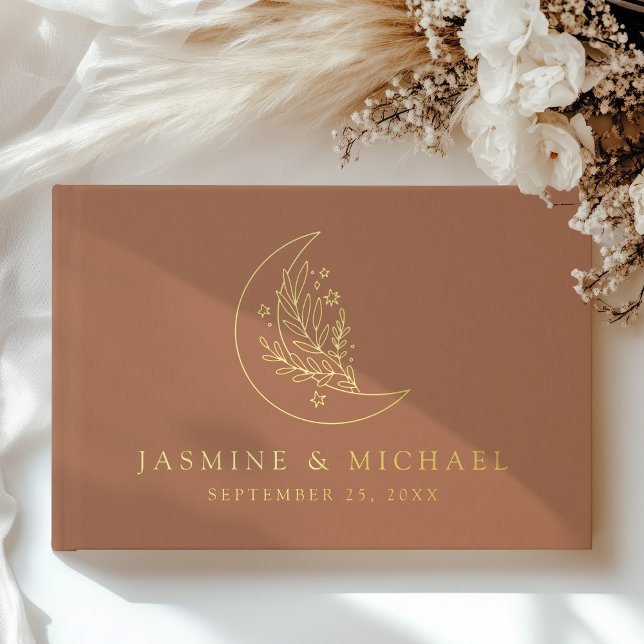 Elegant Moon and Stars Terracotta Photo Wedding Guest Book (Creator Uploaded)