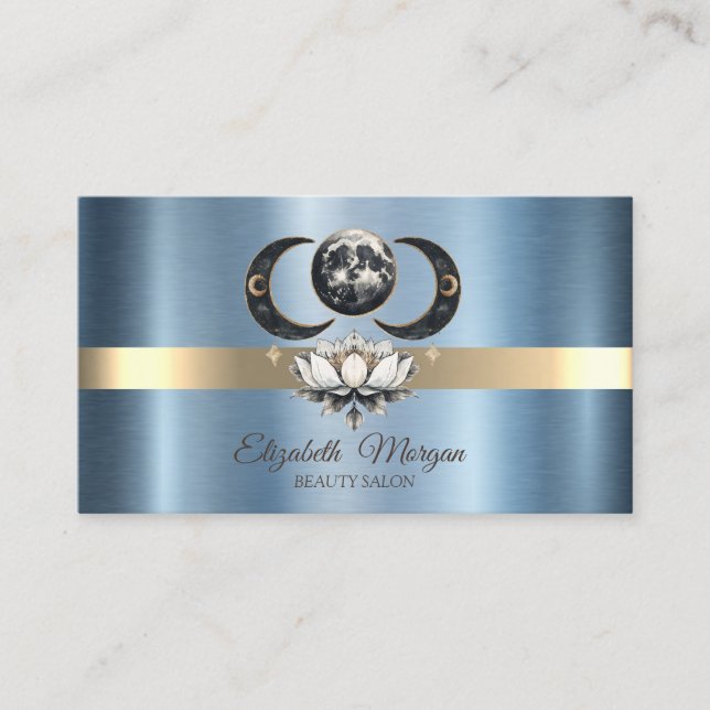 Elegant Moon Lotus Blue Metallic  Business Card (Front)