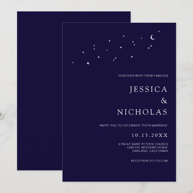 Elegant Moon & Stars Midnight Blue Wedding  Invitation (Front/Back)