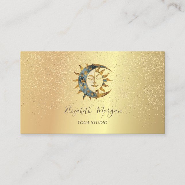 Elegant Moon Sun Gold Confetti Yoga Studio Business Card (Front)