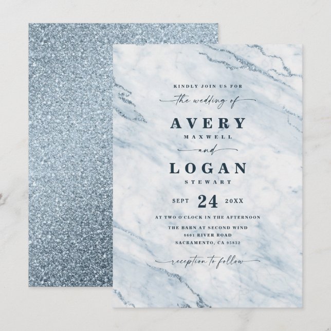 Elegant Moonlight Blue Marble & Glitter Wedding Invitation (Front/Back)