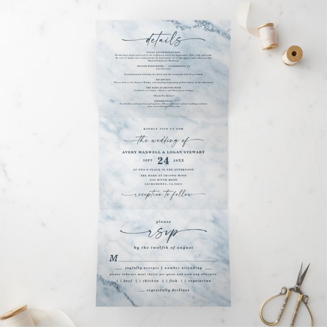 Elegant Moonlight Blue Metallic Marble Wedding Tri-Fold Invitation (Inside)