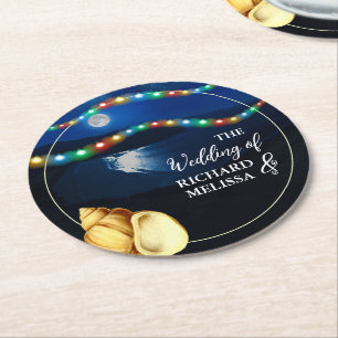 Elegant Moonlit Beach Wedding Round Paper Coaster