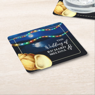 Elegant Moonlit Beach Wedding Square Paper Coaster