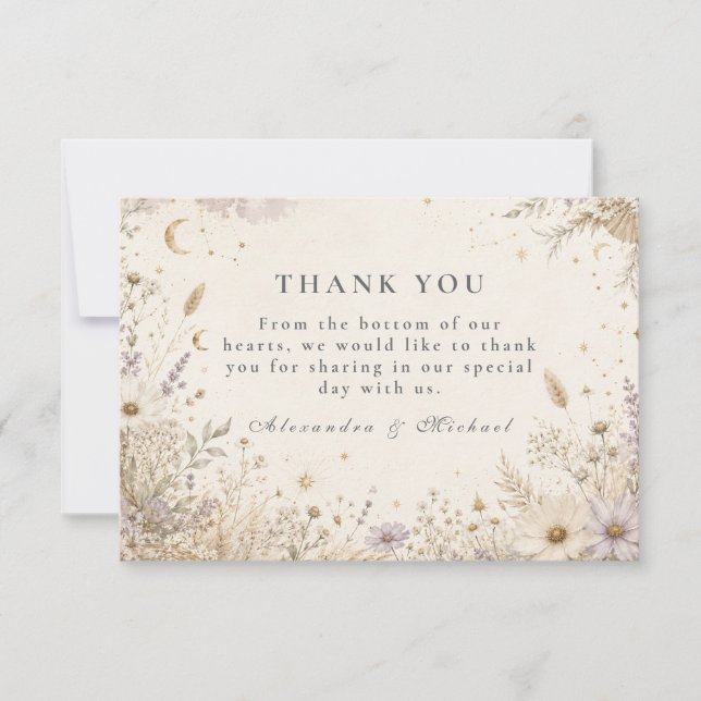 Elegant Moonlit Boho Celestial Wedding Thank You Card (Front)