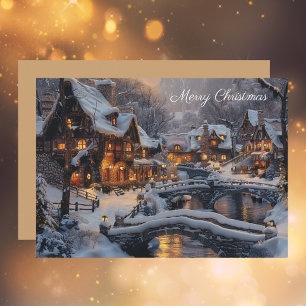 Elegant Moonlit Winter Village Merry Christmas Holiday Card