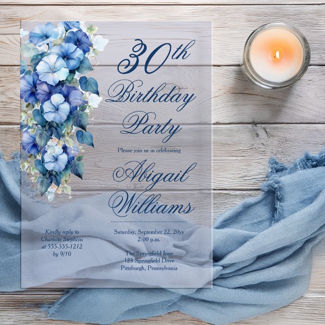 Elegant Morning Glories Blue Floral 30th Birthday  Acrylic Invitations (Boho Elegant Morning Glories Blue Floral 30th Birthday Party Acrylic Invitation )