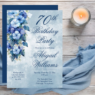 Elegant Morning Glories Blue Floral 70th Birthday Invitation