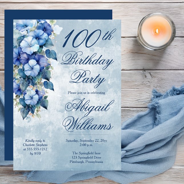 Elegant Morning Glory Blue Floral 100th Birthday  Invitation (Boho Elegant Morning Glories Blue Floral 100th Birthday Party Invitation - Print | Digital Download)