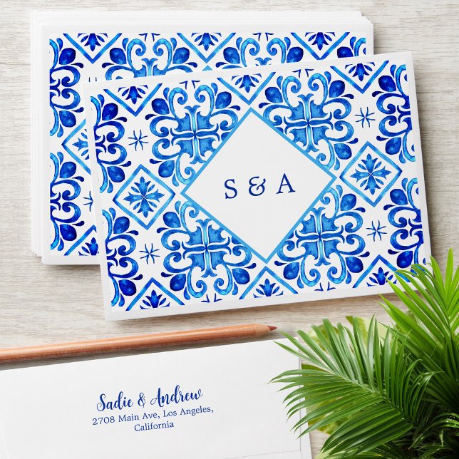 Elegant Moroccan Blue Pattern Initials Wedding Envelope (Creator Uploaded)