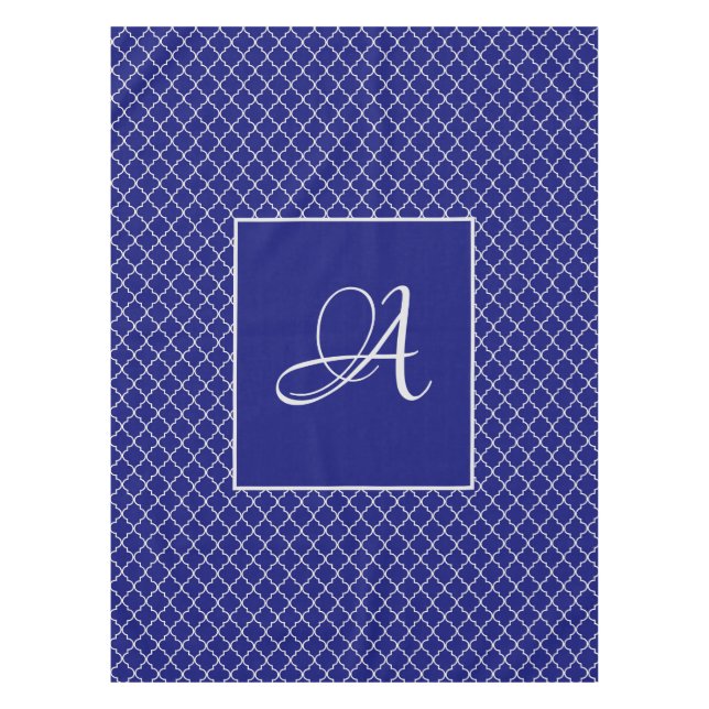 Elegant Moroccan damask navy Blue monogram Tablecloth (Front)