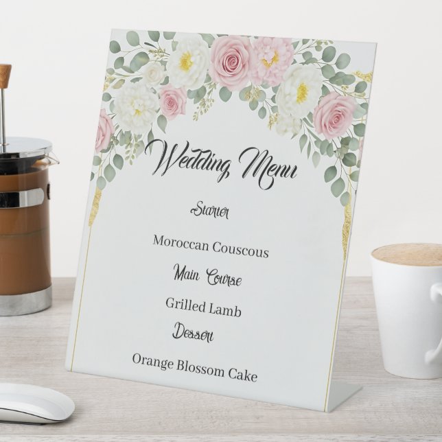 Elegant Moroccan Gold Floral Wedding Menu Pedestal Sign (In SItu)