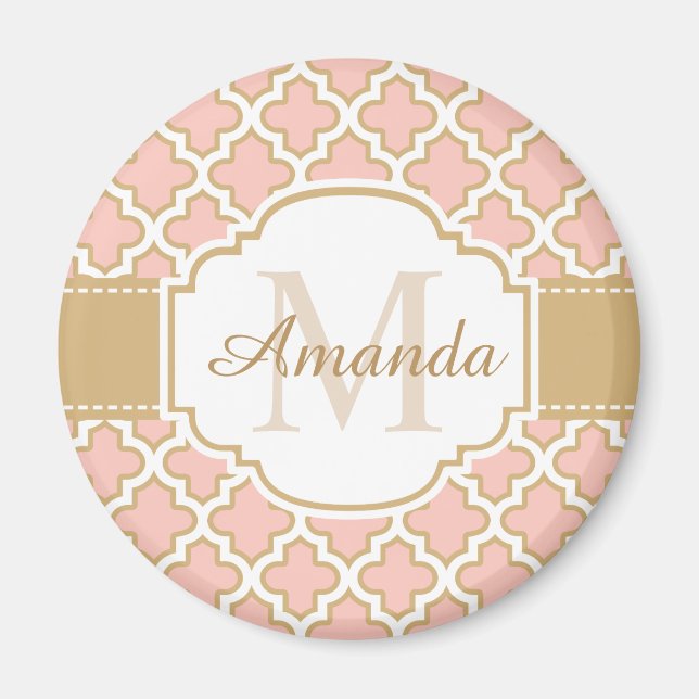 Elegant Moroccan Pattern Pink Coral Monogram Magnet (Front)