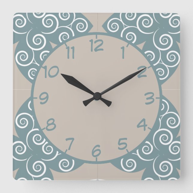 Elegant Moroccan Tile Blue Silver Pattern Square Wall Clock (Front)