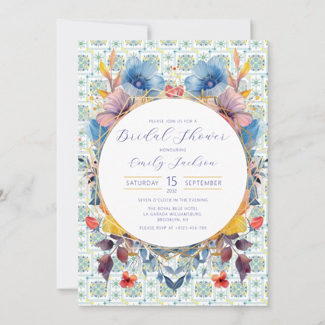 Elegant Moroccan Tiles Floral Blue  Invitation (Front)