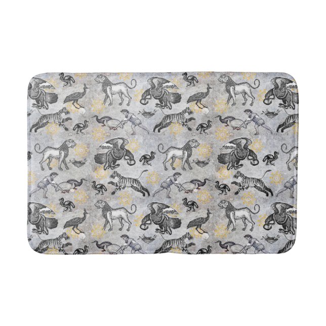 Elegant Mosaic Black White Gold Tiger Lion Eagle Bath Mat (Front)