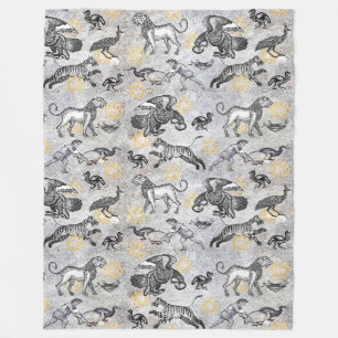 Elegant Mosaic Black White Gold Tiger Lion Eagle Fleece Blanket