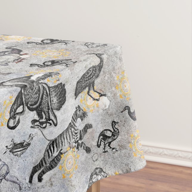 Elegant Mosaic Black White Gold Tiger Lion Eagle Tablecloth (In Situ)