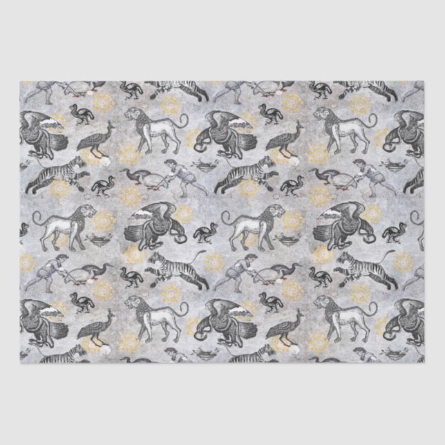 Elegant Mosaic Black White Gold Tiger Lion Eagle Tissue Paper (Front)