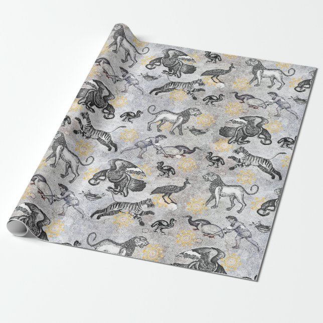 Elegant Mosaic Black White Gold Tiger Lion Eagle Wrapping Paper (Unrolled)