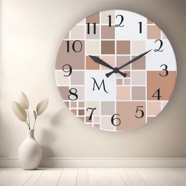 Elegant Mosaic Monogram Wall Clock (Modern wall clock with a checkered tile pattern in tan, beige, coffee and sandy brown earth colors)