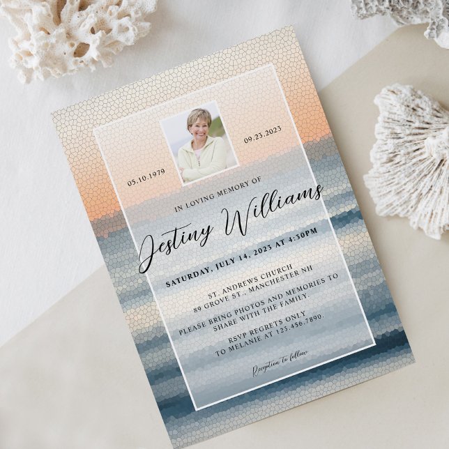 Elegant Mosaic Ocean Sunrise Funeral Service Photo Invitation (Creator Uploaded)