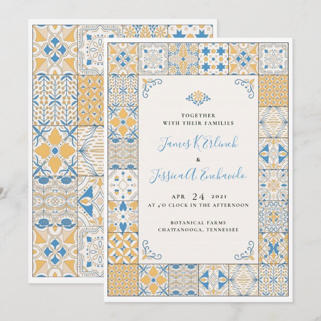 Elegant Mosaic Tile Illustrated Wedding Invitation (Front/Back)