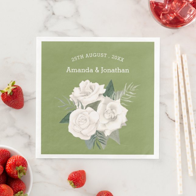 Elegant Moss Green and White Roses Wedding Napkin (Insitu)