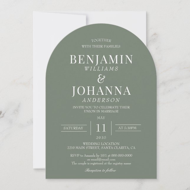 Elegant Moss Green Arch Wedding Invitation (Front)