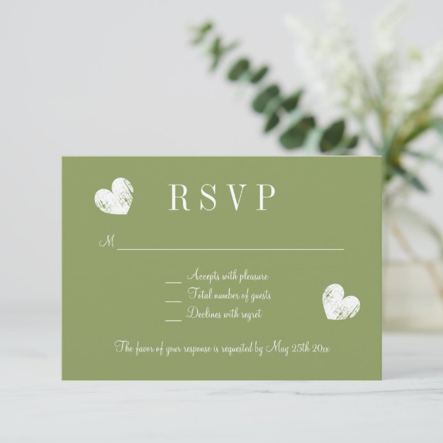 Elegant moss green RSVP wedding response cards (Standing Front)