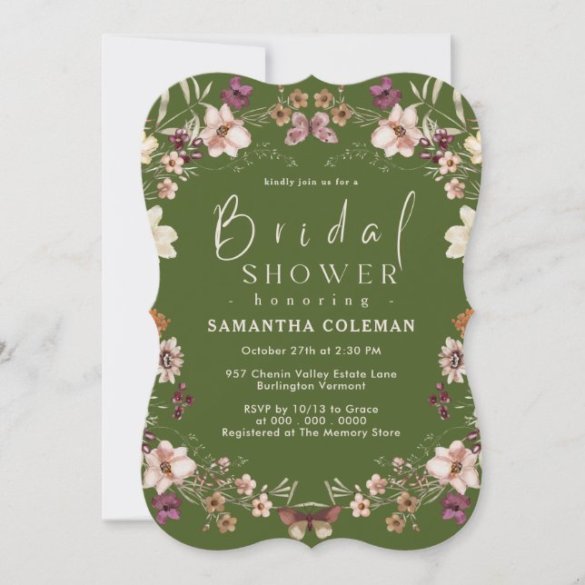Elegant Moss Green Wildflower Modern Bridal Shower Invitation (Front)