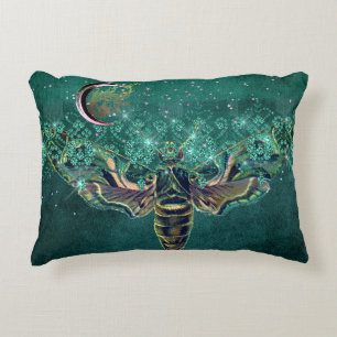 Elegant moth moon emerald night sparkle lace green decorative cushion
