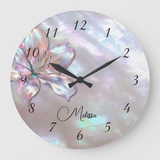 Elegant Mother-of-Pearl Lily Large Clock (Front)