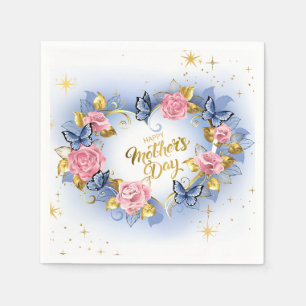 Elegant Mother’s Day I Pink Rose & Blue Butterfly Napkin