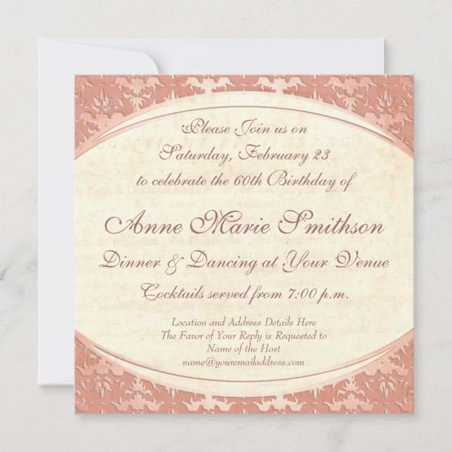 Elegant Mother's 60th Birthday Vintage Party Invitation (Front)