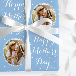 Elegant Mother's Day Custom Photo Blue White Wrapping Paper