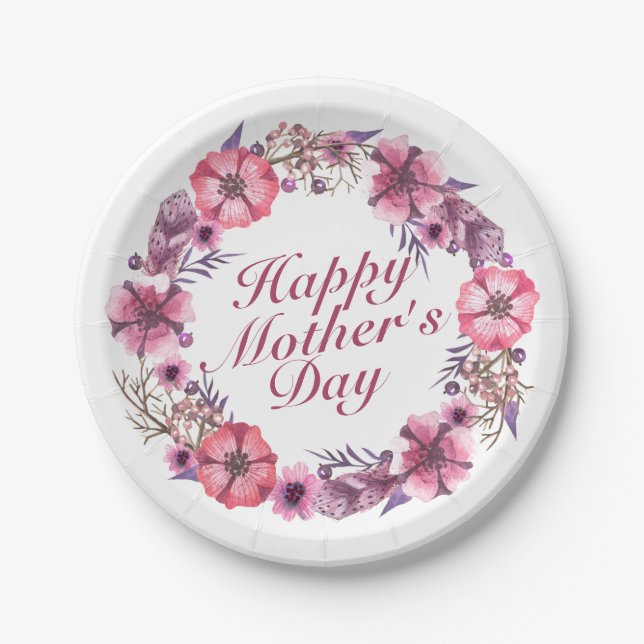Elegant Mother's Day Floral Wreath Paper Plate (Front)