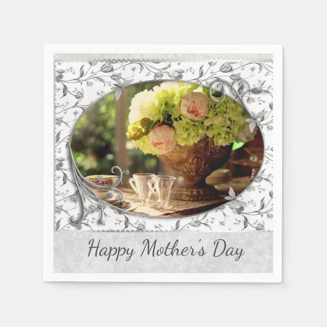 Elegant Mother's Day Grey Floral Paper Napkin (Front)