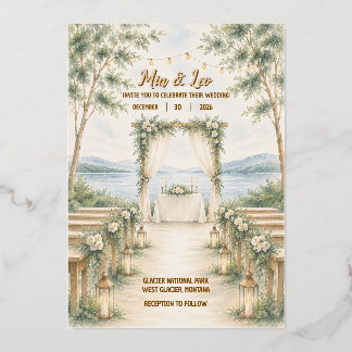 Elegant Mountain Lake Foil Wedding Invitation