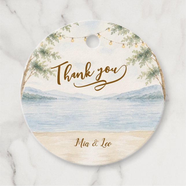 Elegant Mountain Lake Wedding Favour Tags (Front)