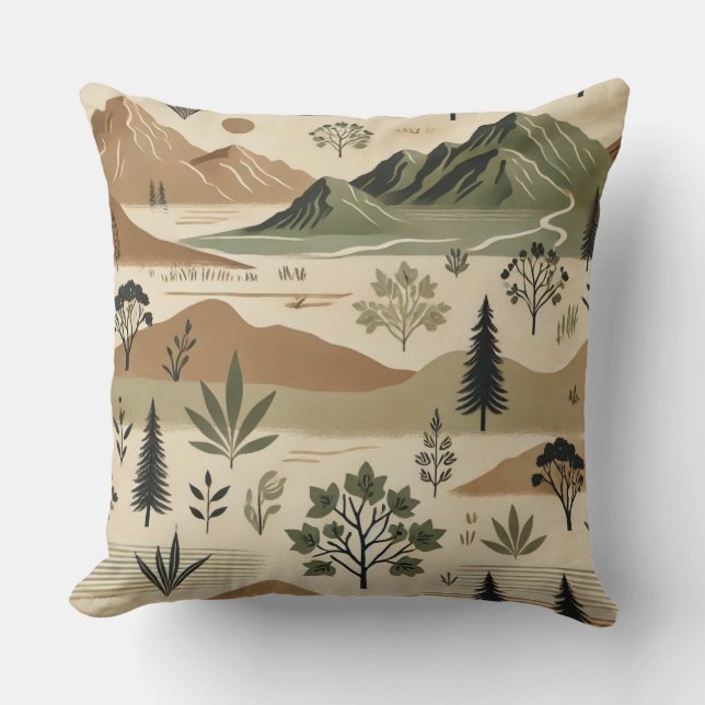  Elegant Mountain Landscape Pillow – Earthy Tones  (Front)